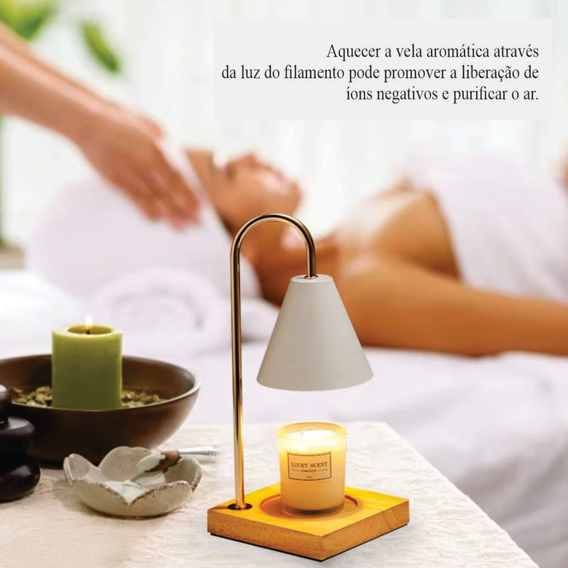 Luminária abajur aquecedora de vela aromática - Base de Madeira - Bivolt Kasaprime.